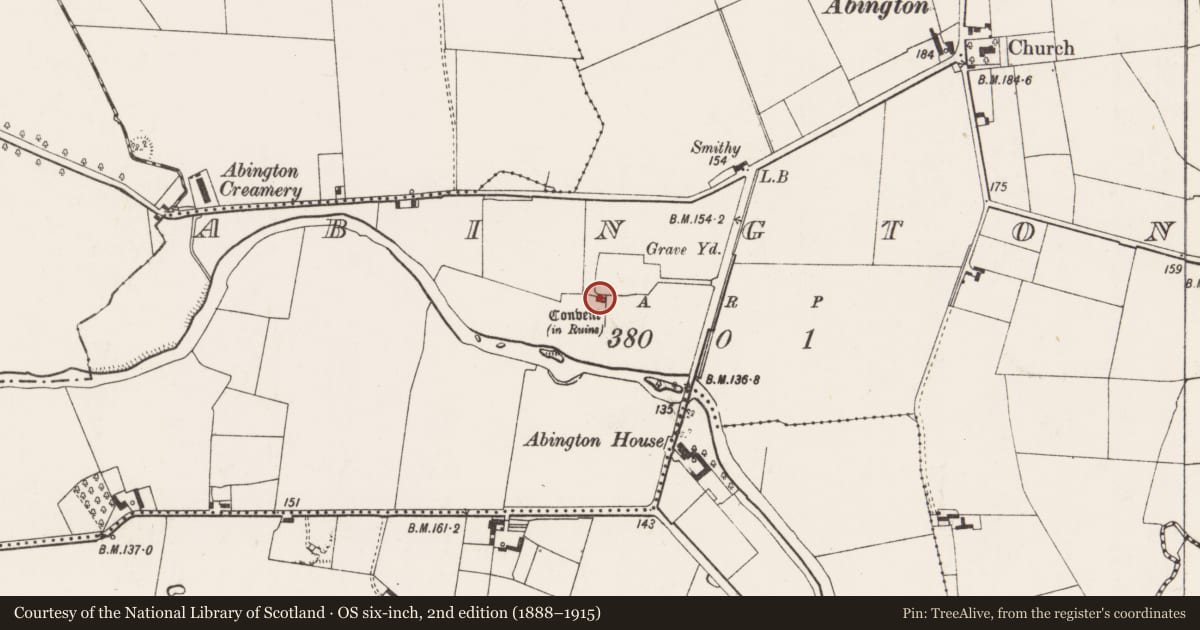 Ordnance Survey six-inch map, 2nd edition (1888–1915) covering the location of Wall monument, Abington, County Limerick, with a pin at the register's coordinates