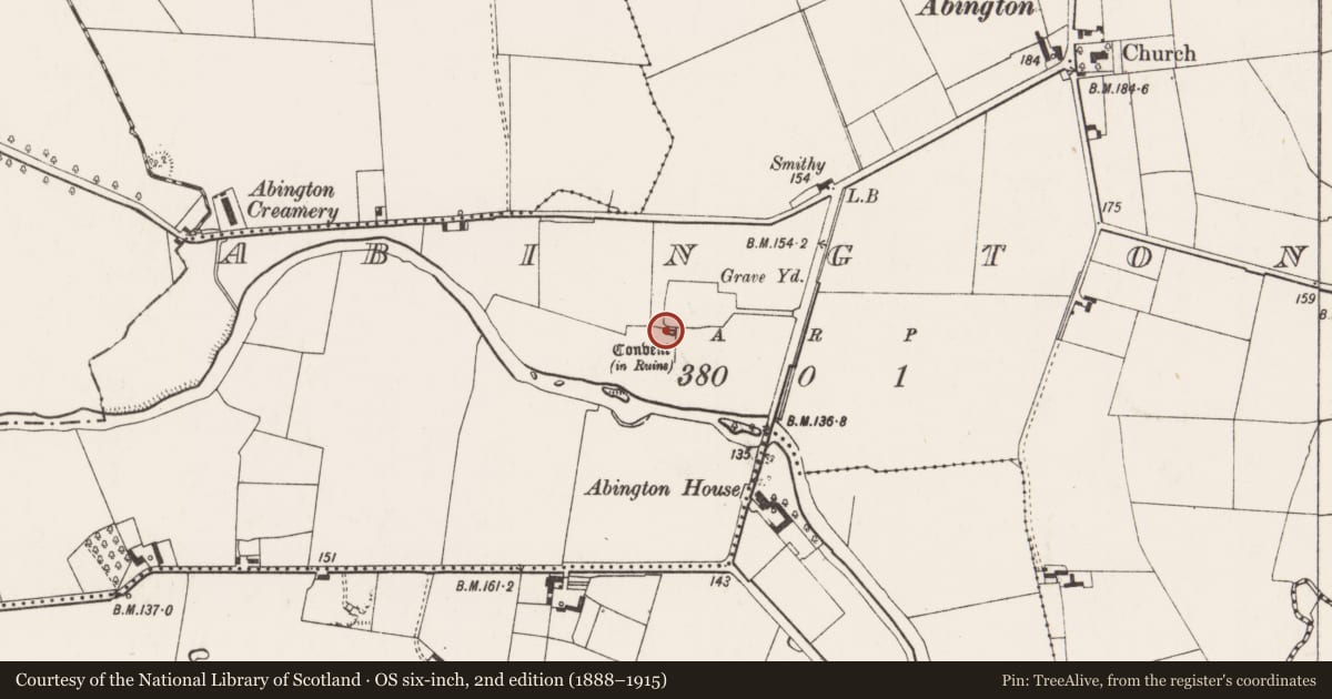 Ordnance Survey six-inch map, 2nd edition (1888–1915) covering the location of Wall monument, Abington, County Limerick, with a pin at the register's coordinates