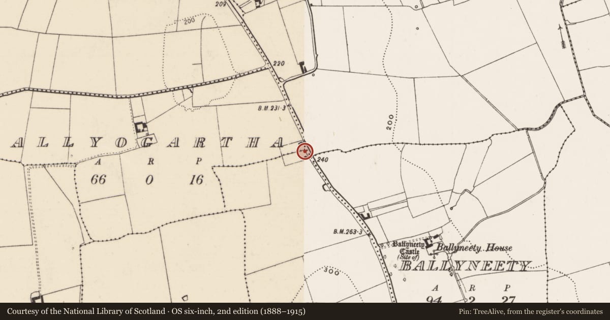Ordnance Survey six-inch map, 2nd edition (1888–1915) covering the location of Boundary stone, Scart, County Limerick, with a pin at the register's coordinates