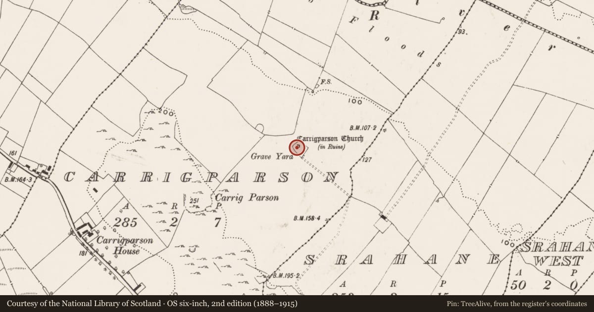 Ordnance Survey six-inch map, 2nd edition (1888–1915) covering the location of Church, Carrigparson, County Limerick, with a pin at the register's coordinates