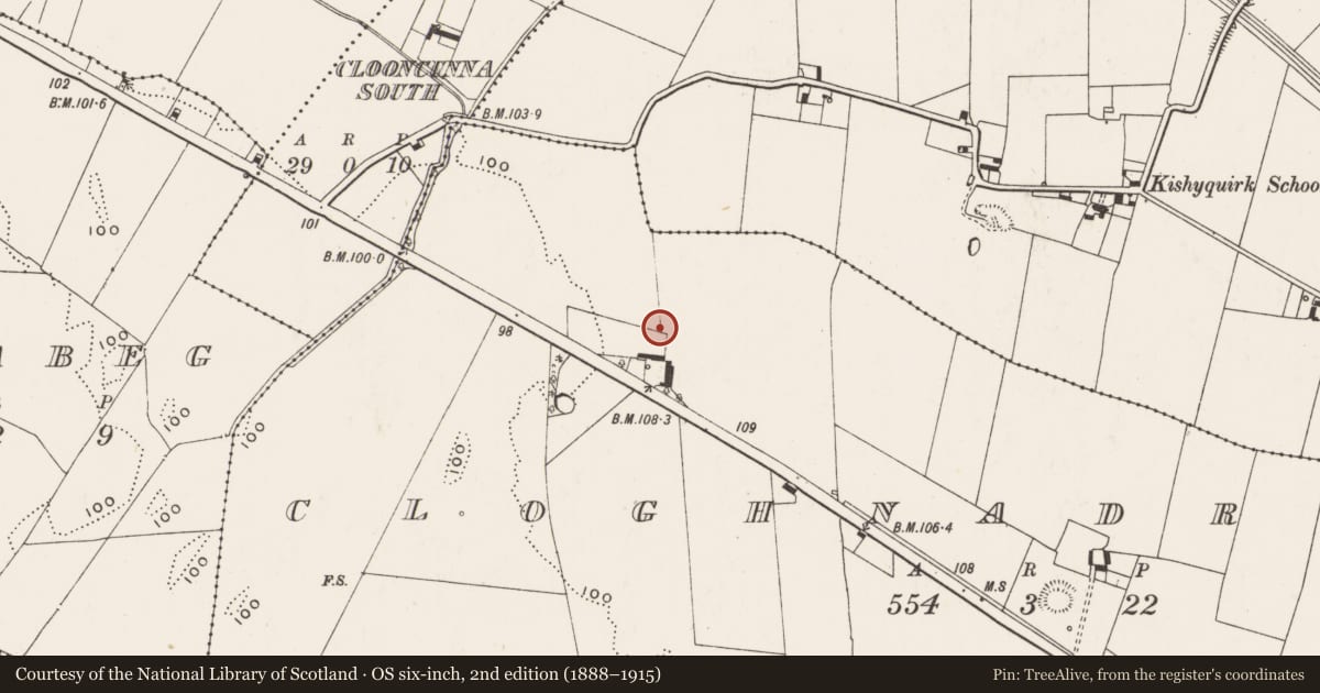 Ordnance Survey six-inch map, 2nd edition (1888–1915) covering the location of Children's burial ground, Cloghnadromin, County Limerick, with a pin at the register's coordinates