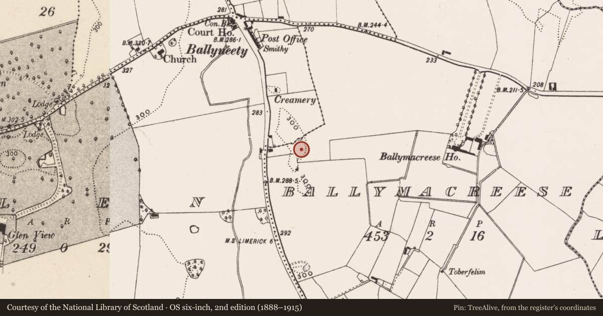 Ordnance Survey six-inch map, 2nd edition (1888–1915) covering the location of Enclosure, Ballymacreese, County Limerick, with a pin at the register's coordinates