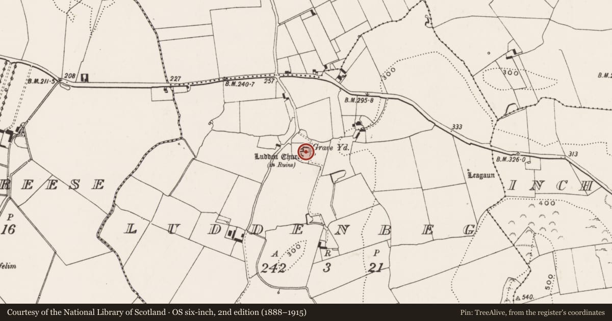 Ordnance Survey six-inch map, 2nd edition (1888–1915) covering the location of Church, Ludden Beg, County Limerick, with a pin at the register's coordinates