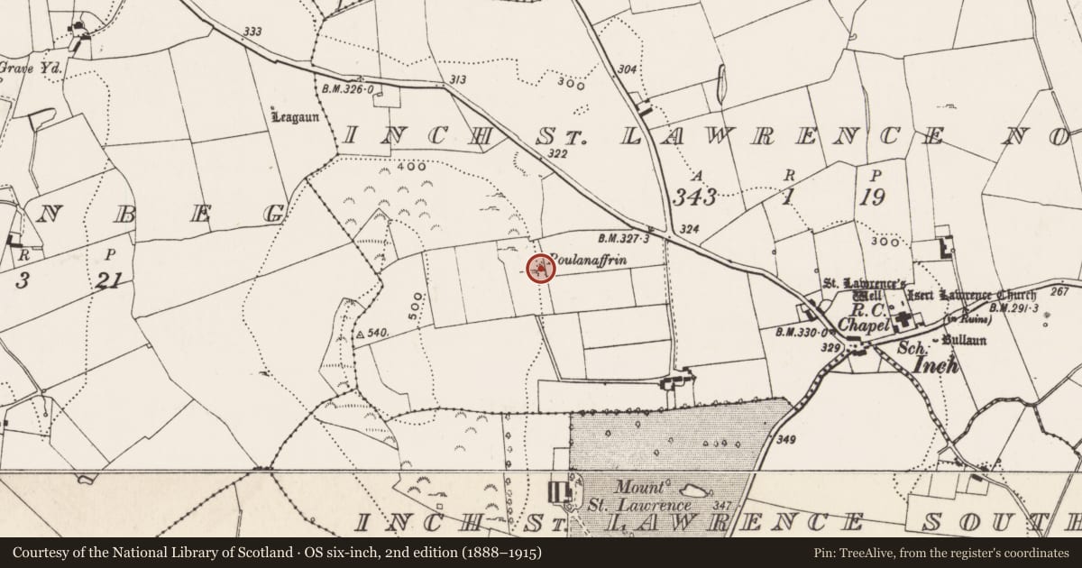 Ordnance Survey six-inch map, 2nd edition (1888–1915) covering the location of Mass-rock, Inch St. Lawrence North, County Limerick, with a pin at the register's coordinates