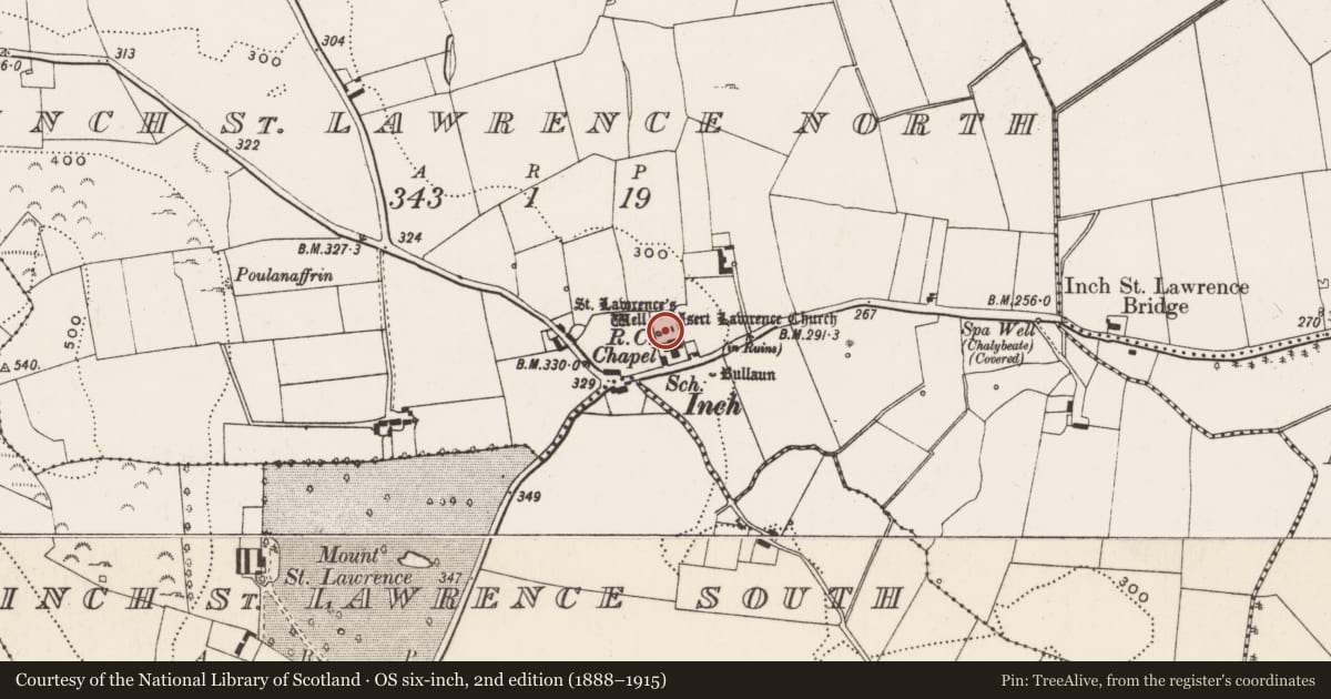 Ordnance Survey six-inch map, 2nd edition (1888–1915) covering the location of Church, Inch St. Lawrence North, County Limerick, with a pin at the register's coordinates