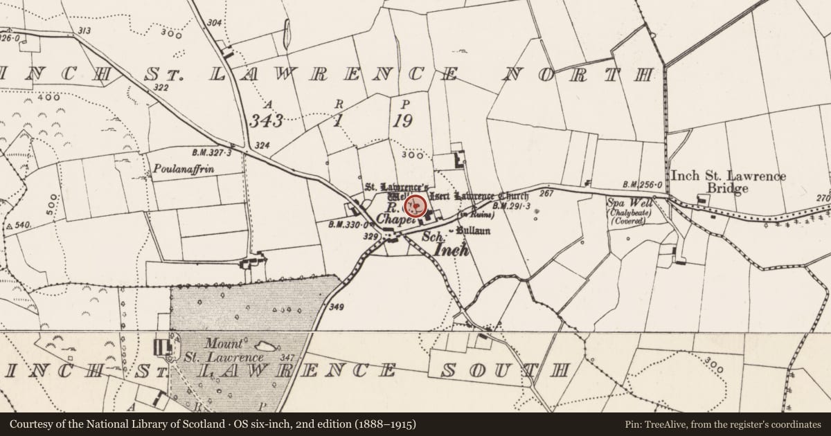 Ordnance Survey six-inch map, 2nd edition (1888–1915) covering the location of Ritual site - holy well, Inch St. Lawrence North, County Limerick, with a pin at the register's coordinates