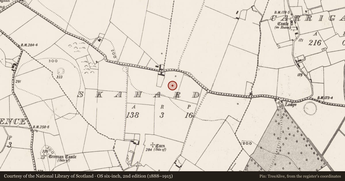 Ordnance Survey six-inch map, 2nd edition (1888–1915) covering the location of Children's burial ground, Skahard, County Limerick, with a pin at the register's coordinates