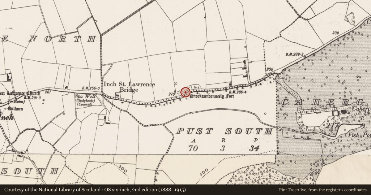 Ordnance Survey six-inch map, 2nd edition (1888–1915) covering the location of Ringfort - rath, Pust North, County Limerick, with a pin at the register's coordinates