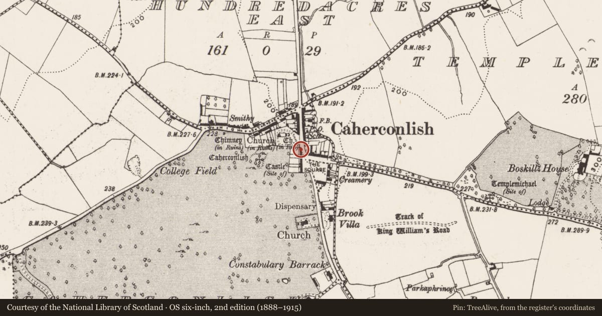 Ordnance Survey six-inch map, 2nd edition (1888–1915) covering the location of Historic town, Caherconlish, County Limerick, with a pin at the register's coordinates