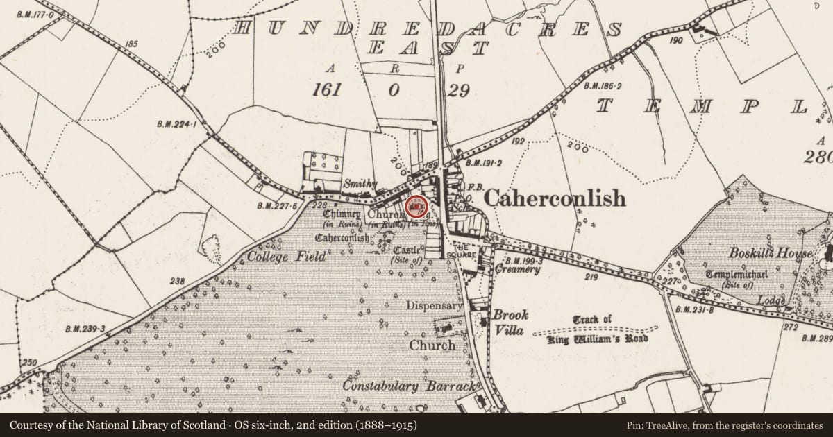 Ordnance Survey six-inch map, 2nd edition (1888–1915) covering the location of Church, Caherconlish, County Limerick, with a pin at the register's coordinates