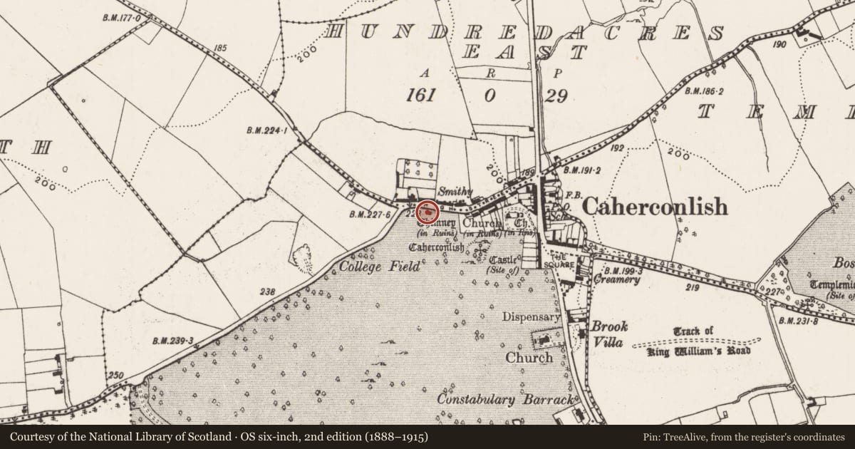 Ordnance Survey six-inch map, 2nd edition (1888–1915) covering the location of Castle - unclassified, Caherconlish, County Limerick, with a pin at the register's coordinates