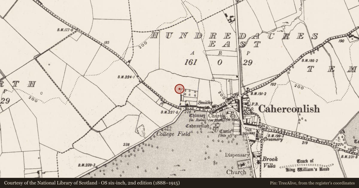 Ordnance Survey six-inch map, 2nd edition (1888–1915) covering the location of Castle - unclassified, Hundredacres East, County Limerick, with a pin at the register's coordinates