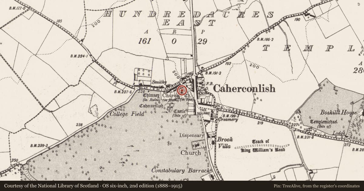 Ordnance Survey six-inch map, 2nd edition (1888–1915) covering the location of Tomb - chest tomb, Caherconlish, County Limerick, with a pin at the register's coordinates