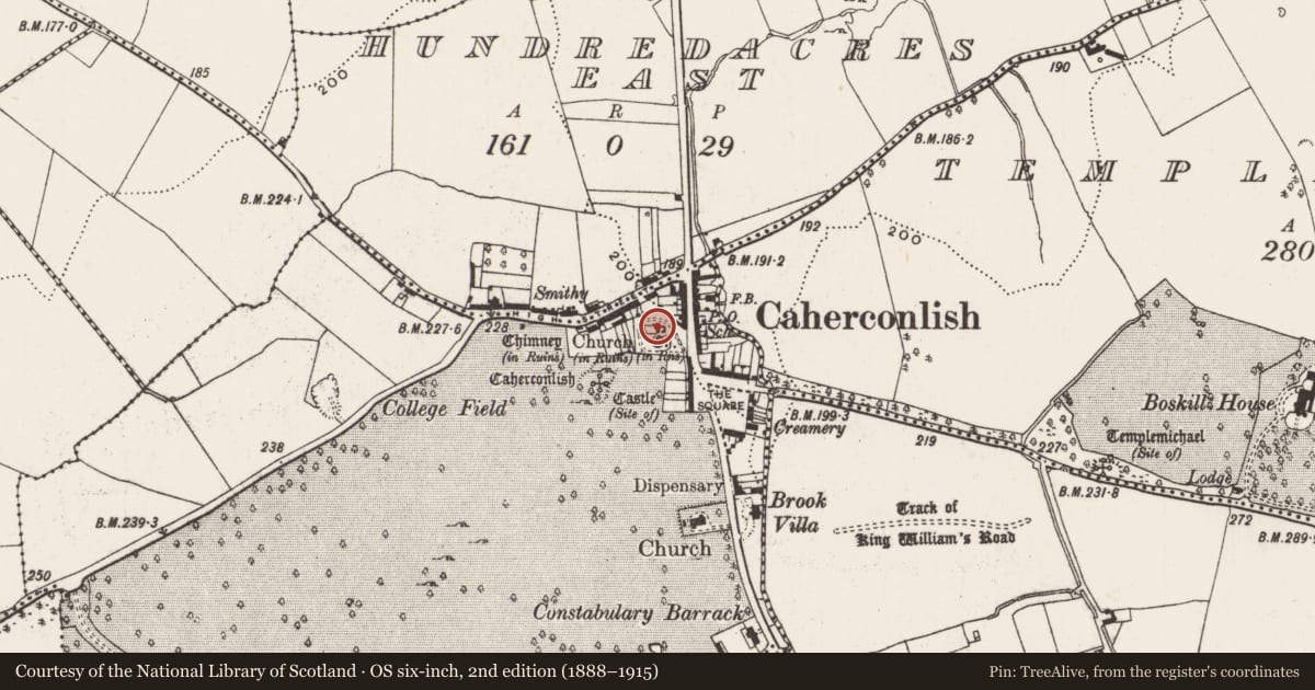 Ordnance Survey six-inch map, 2nd edition (1888–1915) covering the location of Tomb - chest tomb, Caherconlish, County Limerick, with a pin at the register's coordinates