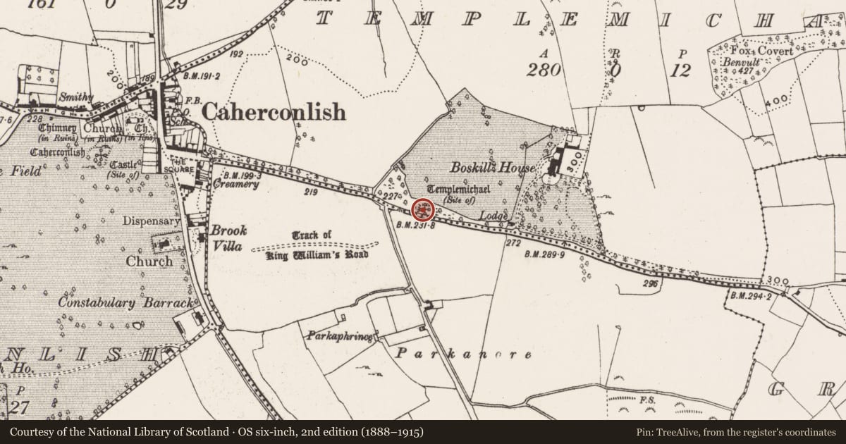 Ordnance Survey six-inch map, 2nd edition (1888–1915) covering the location of Burial ground, Templemichael, County Limerick, with a pin at the register's coordinates