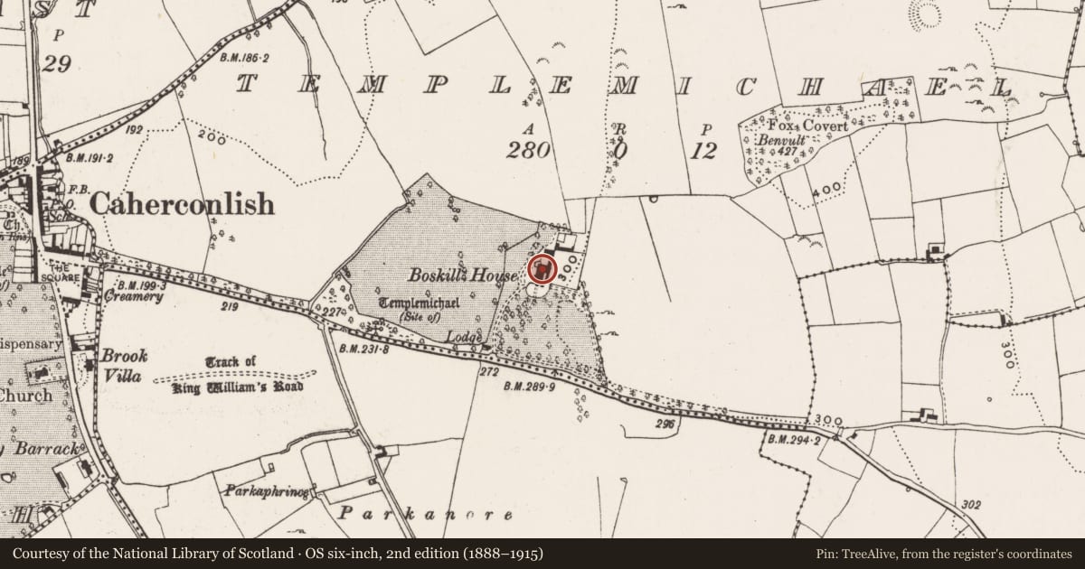 Ordnance Survey six-inch map, 2nd edition (1888–1915) covering the location of Country house, Templemichael, County Limerick, with a pin at the register's coordinates