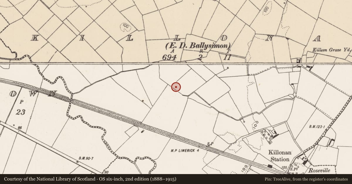 Ordnance Survey six-inch map, 2nd edition (1888–1915) covering the location of Enclosure, Killonan, County Limerick, with a pin at the register's coordinates