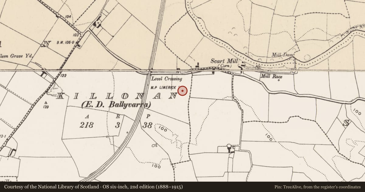 Ordnance Survey six-inch map, 2nd edition (1888–1915) covering the location of Enclosure, Killonan, County Limerick, with a pin at the register's coordinates