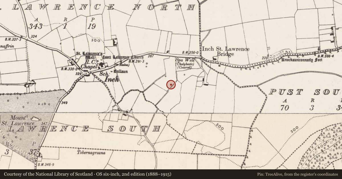 Ordnance Survey six-inch map, 2nd edition (1888–1915) covering the location of Ringfort - rath, Inch St. Lawrence North, County Limerick, with a pin at the register's coordinates