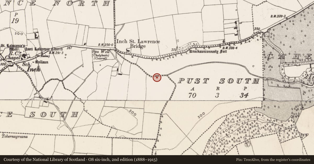 Ordnance Survey six-inch map, 2nd edition (1888–1915) covering the location of Enclosure, Inch St. Lawrence North, County Limerick, with a pin at the register's coordinates