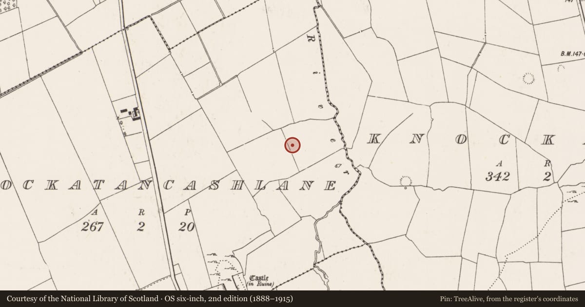 Ordnance Survey six-inch map, 2nd edition (1888–1915) covering the location of Enclosure, Knockatancashlane, County Limerick, with a pin at the register's coordinates