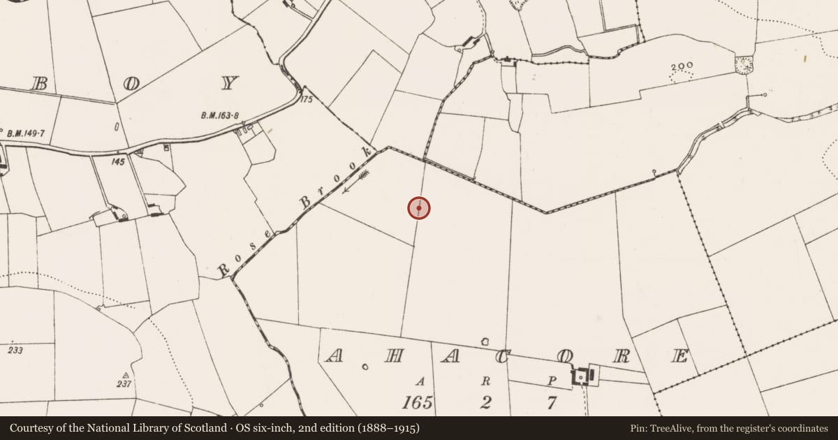 Ordnance Survey six-inch map, 2nd edition (1888–1915) covering the location of Enclosure, Ahacore, County Limerick, with a pin at the register's coordinates