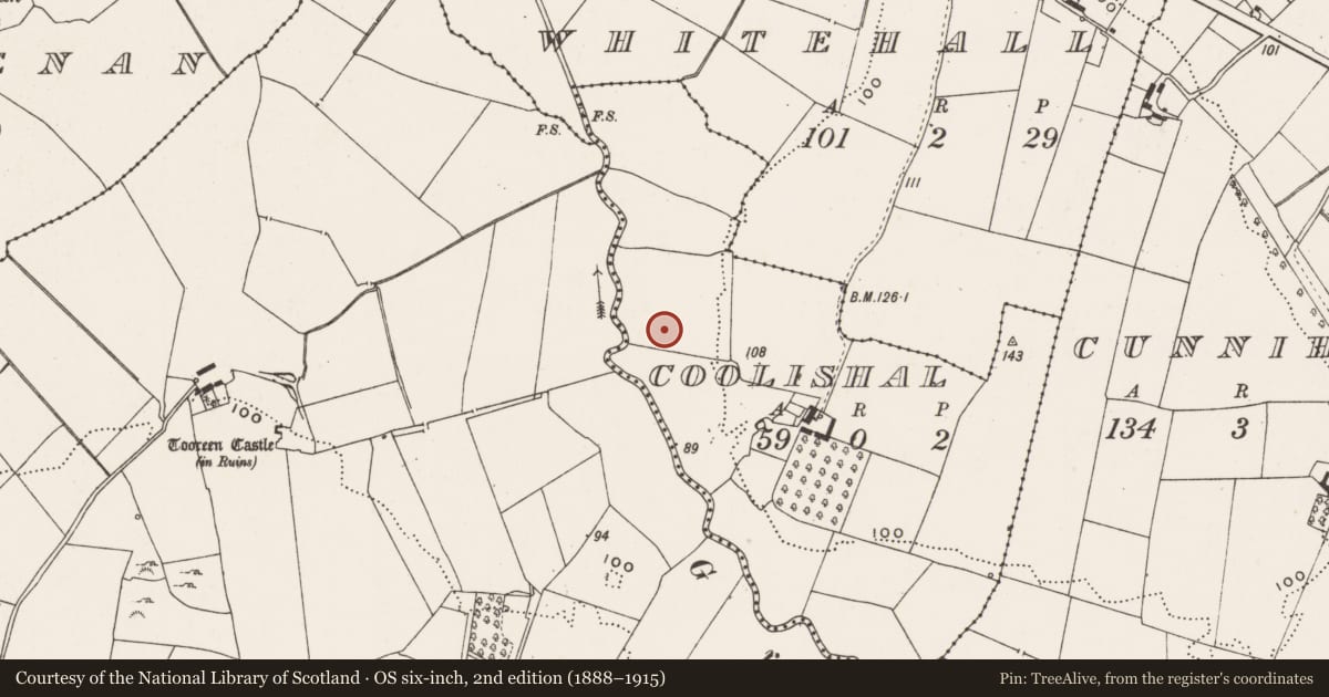Ordnance Survey six-inch map, 2nd edition (1888–1915) covering the location of Enclosure, Coolishal, County Limerick, with a pin at the register's coordinates