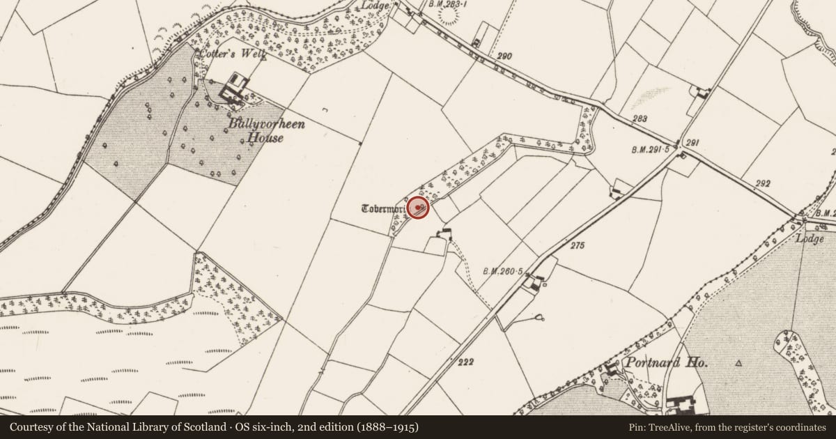 Ordnance Survey six-inch map, 2nd edition (1888–1915) covering the location of Ritual site - holy well, Ballyvorheen, County Limerick, with a pin at the register's coordinates