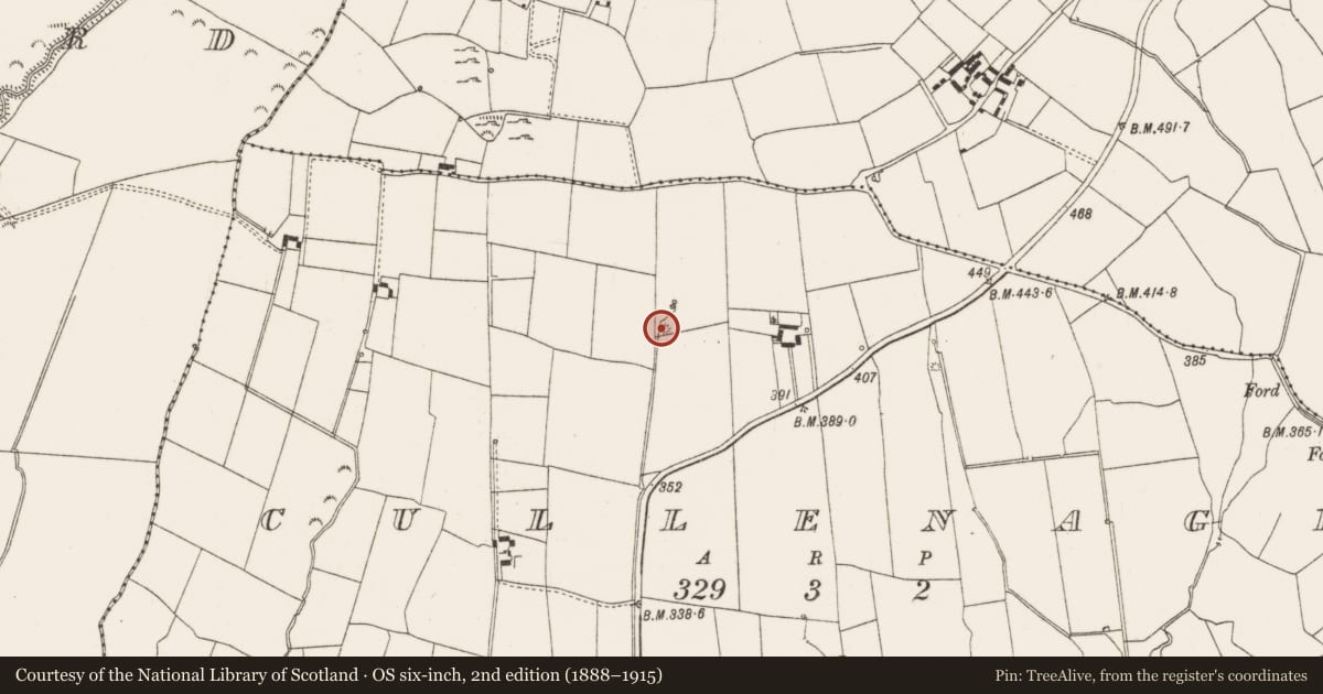 Ordnance Survey six-inch map, 2nd edition (1888–1915) covering the location of Fulacht fia, Cullenagh, County Limerick, with a pin at the register's coordinates