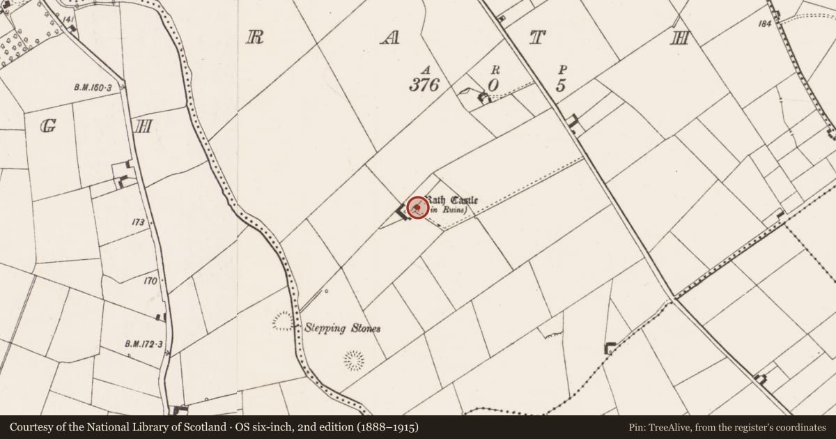 Ordnance Survey six-inch map, 2nd edition (1888–1915) covering the location of Castle - unclassified, Rath, County Limerick, with a pin at the register's coordinates