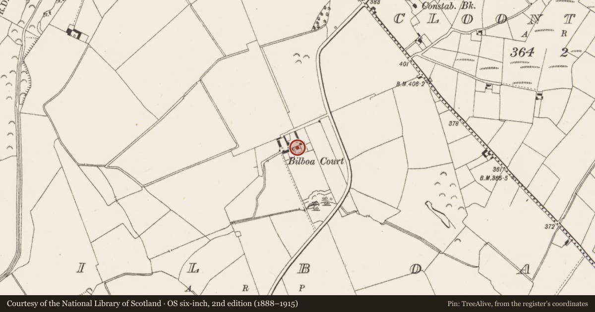 Ordnance Survey six-inch map, 2nd edition (1888–1915) covering the location of Country house, Bilboa, County Limerick, with a pin at the register's coordinates