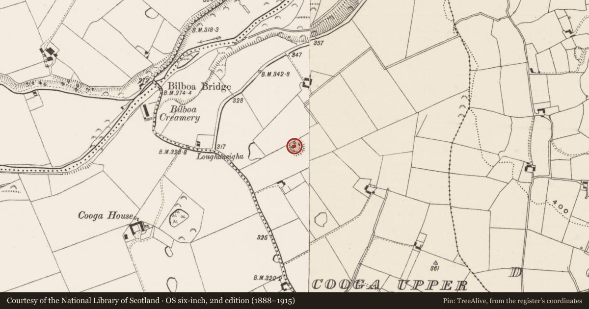 Ordnance Survey six-inch map, 2nd edition (1888–1915) covering the location of Ringfort - rath, Cooga Upper, County Limerick, with a pin at the register's coordinates