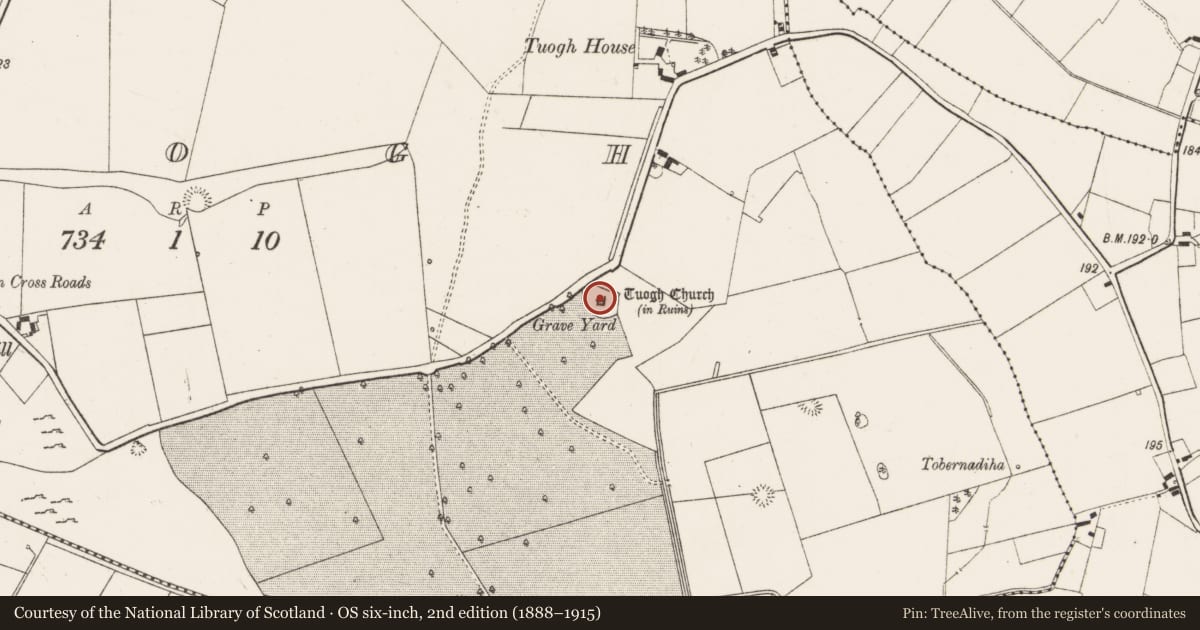 Ordnance Survey six-inch map, 2nd edition (1888–1915) covering the location of Church, Tuogh, County Limerick, with a pin at the register's coordinates