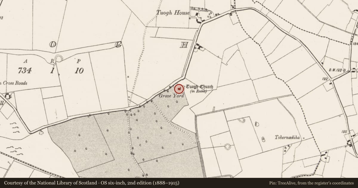 Ordnance Survey six-inch map, 2nd edition (1888–1915) covering the location of Graveyard, Tuogh, County Limerick, with a pin at the register's coordinates