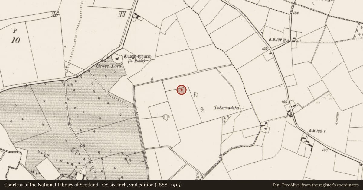 Ordnance Survey six-inch map, 2nd edition (1888–1915) covering the location of Enclosure, Tuogh, County Limerick, with a pin at the register's coordinates