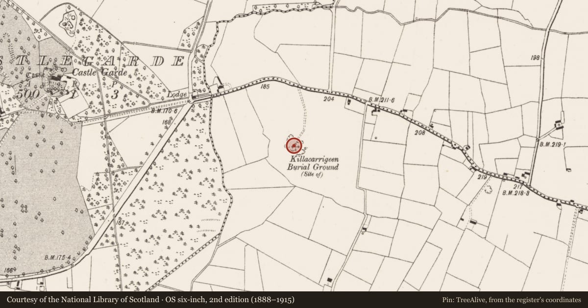 Ordnance Survey six-inch map, 2nd edition (1888–1915) covering the location of Children's burial ground, Gortavalla South, County Limerick, with a pin at the register's coordinates