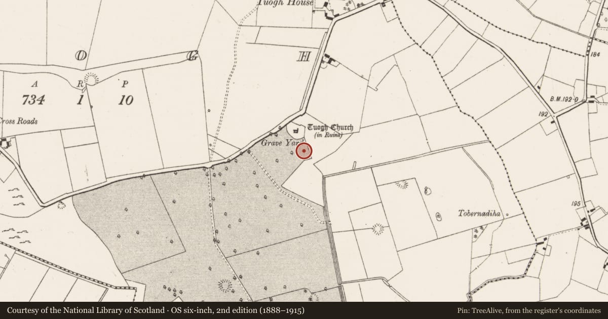 Ordnance Survey six-inch map, 2nd edition (1888–1915) covering the location of Bullaun stone, Tuogh, County Limerick, with a pin at the register's coordinates