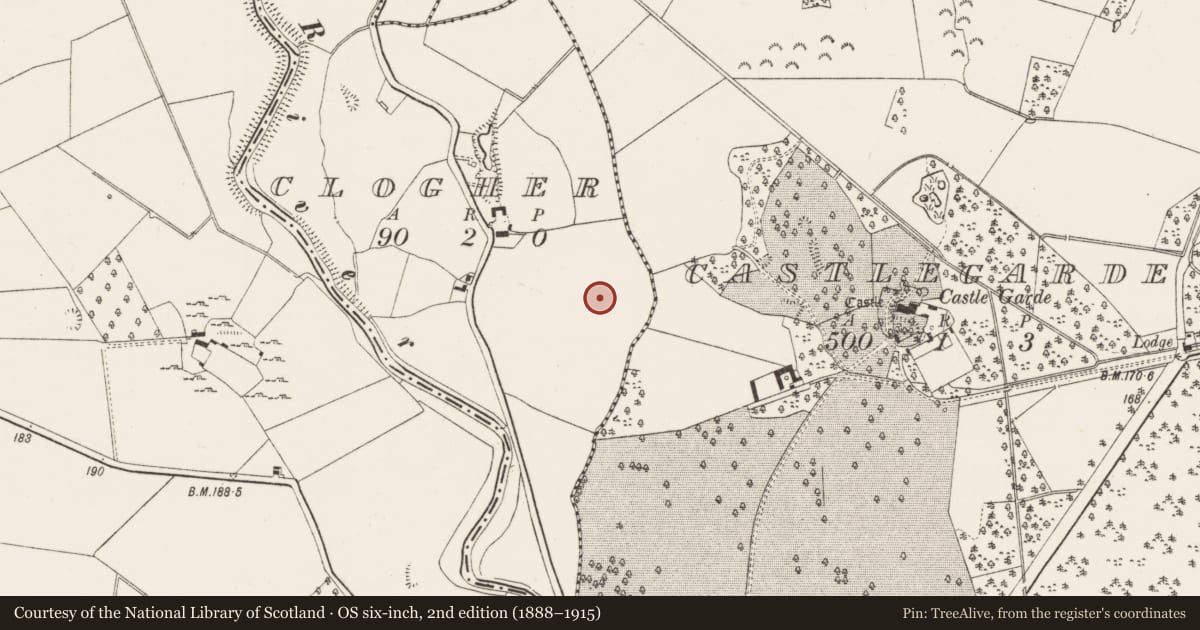 Ordnance Survey six-inch map, 2nd edition (1888–1915) covering the location of Enclosure, Clogher, County Limerick, with a pin at the register's coordinates