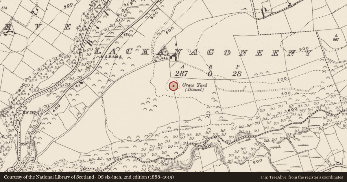 Ordnance Survey six-inch map, 2nd edition (1888–1915) covering the location of Burial ground, Lackanagoneeny, County Limerick, with a pin at the register's coordinates