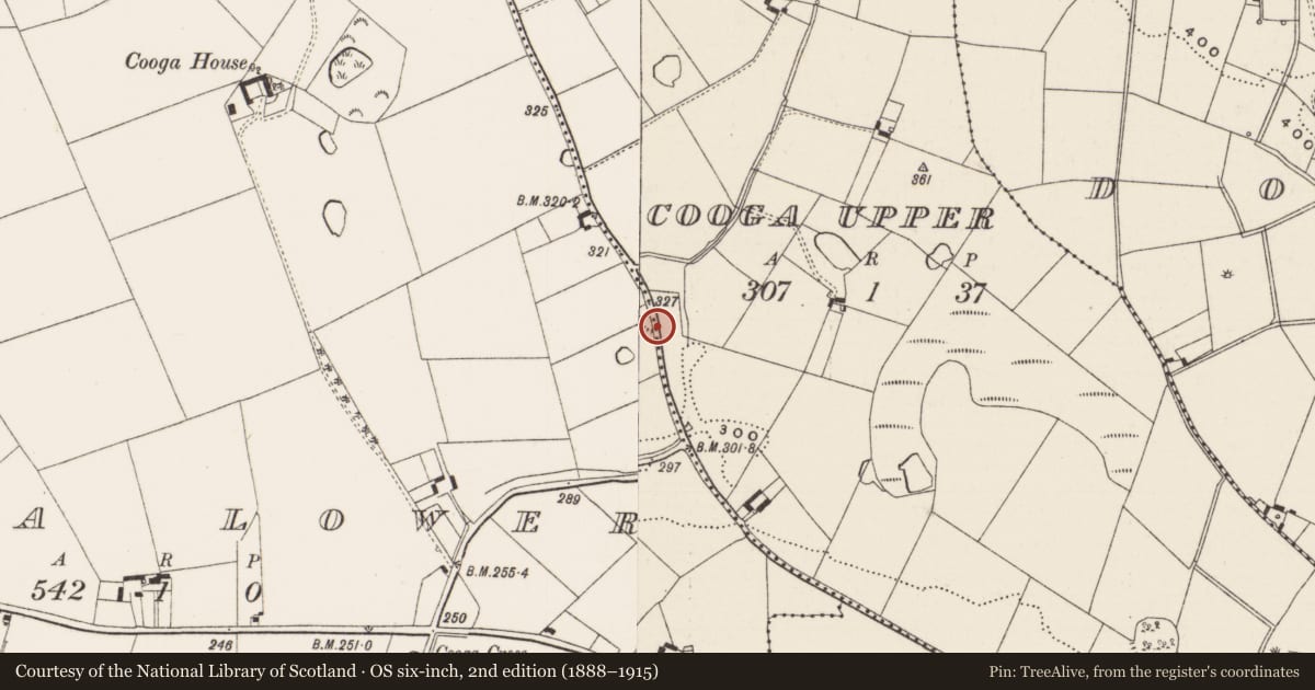 Ordnance Survey six-inch map, 2nd edition (1888–1915) covering the location of Ringfort - rath, Cooga Lower, Cooga Upper, County Limerick, with a pin at the register's coordinates