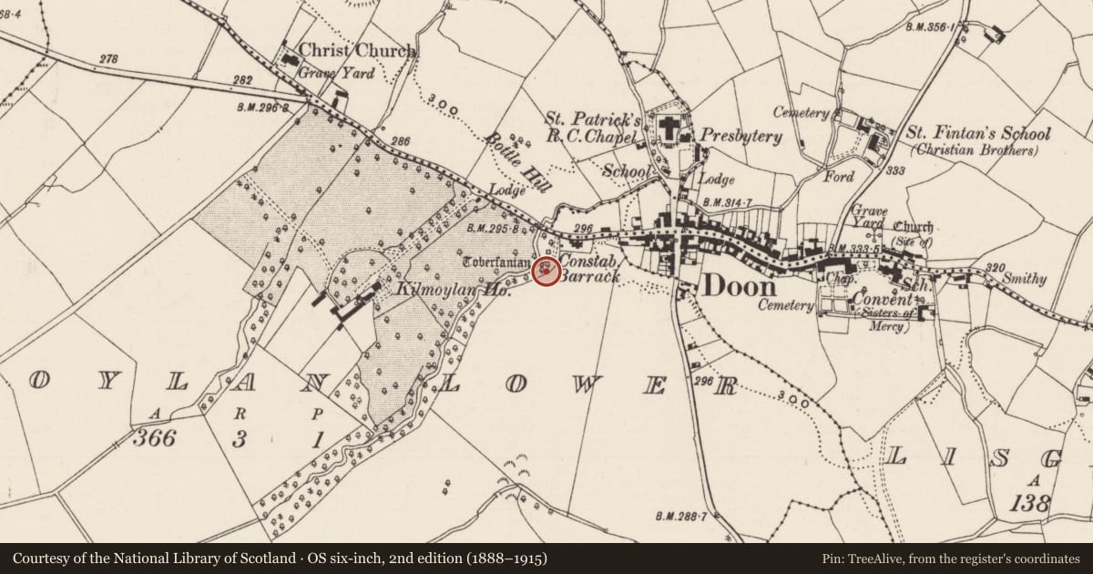 Ordnance Survey six-inch map, 2nd edition (1888–1915) covering the location of Ritual site - holy well, Kilmoylan Lower, County Limerick, with a pin at the register's coordinates
