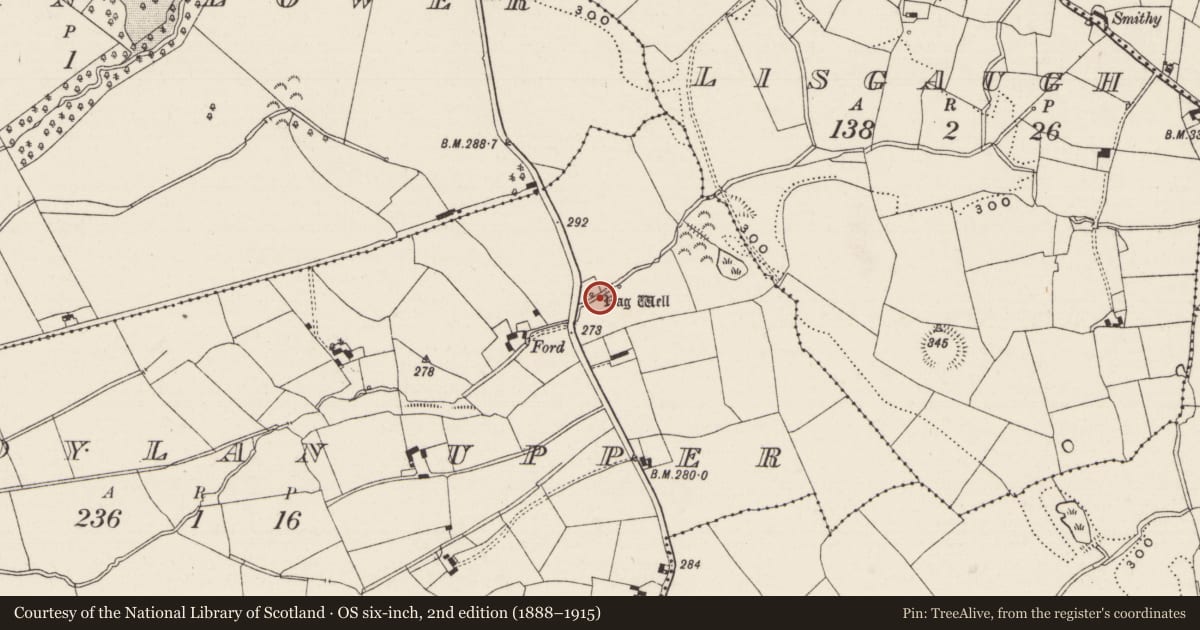 Ordnance Survey six-inch map, 2nd edition (1888–1915) covering the location of Ritual site - holy well, Kilmoylan Upper, County Limerick, with a pin at the register's coordinates