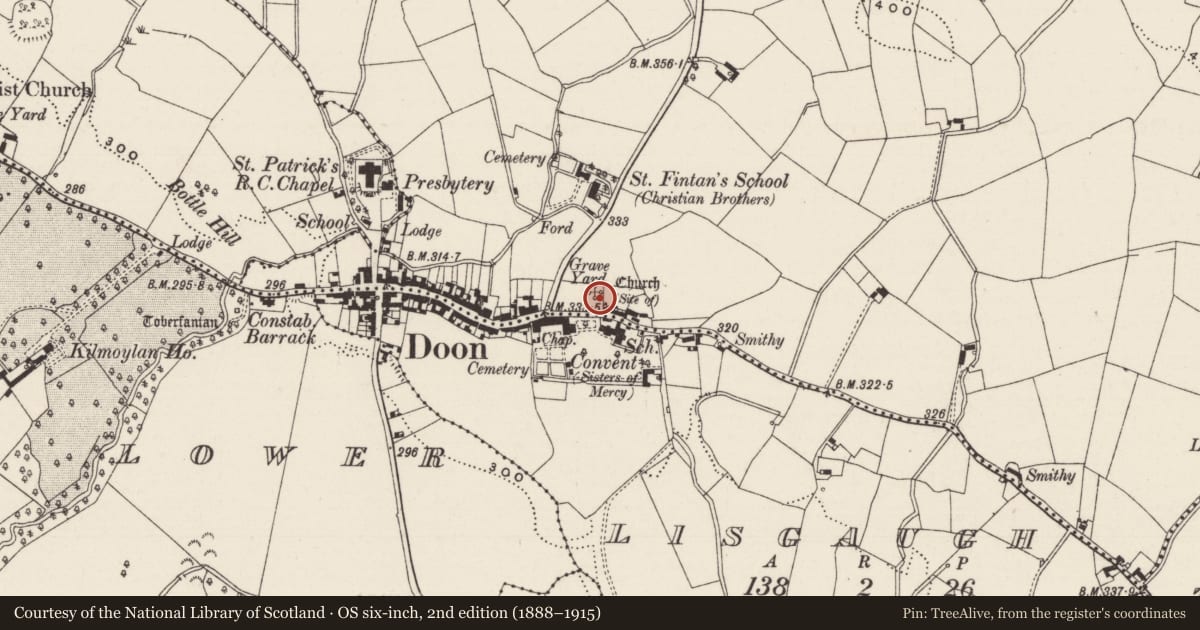 Ordnance Survey six-inch map, 2nd edition (1888–1915) covering the location of Church, Doon South, County Limerick, with a pin at the register's coordinates