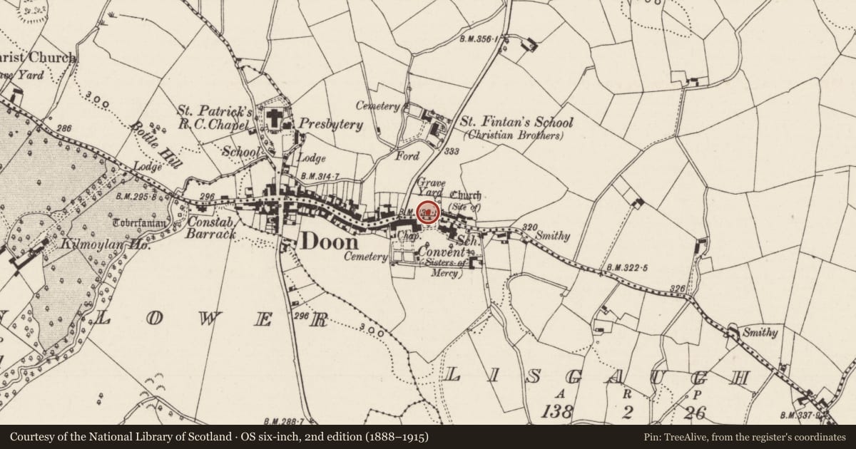Ordnance Survey six-inch map, 2nd edition (1888–1915) covering the location of Graveyard, Doon South, County Limerick, with a pin at the register's coordinates