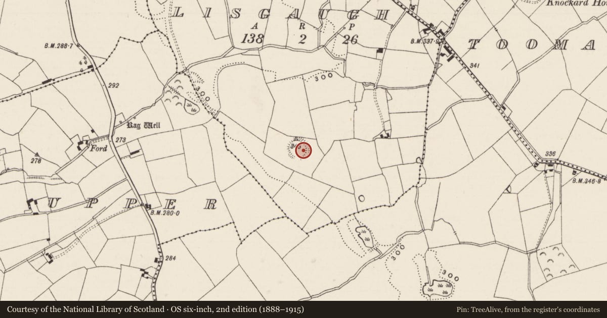 Ordnance Survey six-inch map, 2nd edition (1888–1915) covering the location of Barrow - stepped barrow, Lisgaugh, County Limerick, with a pin at the register's coordinates
