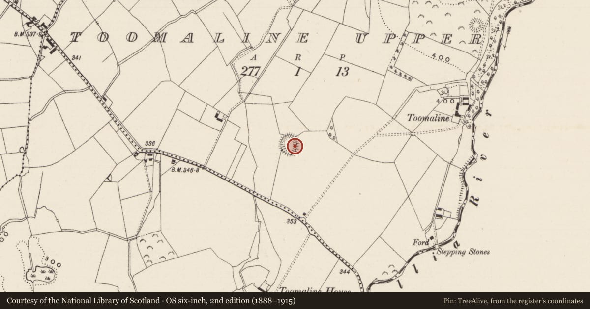 Ordnance Survey six-inch map, 2nd edition (1888–1915) covering the location of Ringfort - rath, Toomaline Upper, County Limerick, with a pin at the register's coordinates
