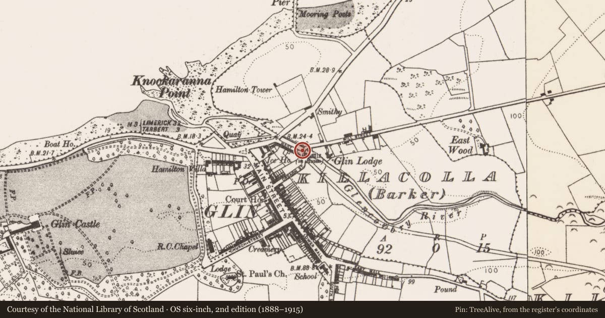 Ordnance Survey six-inch map, 2nd edition (1888–1915) covering the location of Bridge, Killacolla (Barker), County Limerick, with a pin at the register's coordinates