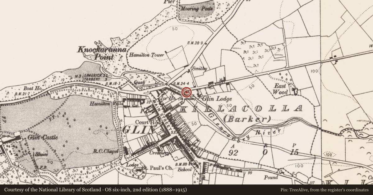 Ordnance Survey six-inch map, 2nd edition (1888–1915) covering the location of Bawn, Killacolla (Barker), County Limerick, with a pin at the register's coordinates