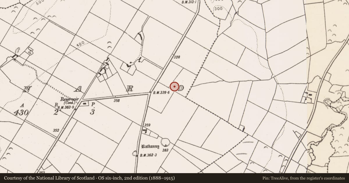 Ordnance Survey six-inch map, 2nd edition (1888–1915) covering the location of Fulacht fia, Kinard, County Limerick, with a pin at the register's coordinates
