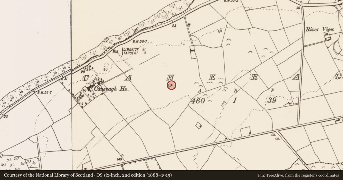 Ordnance Survey six-inch map, 2nd edition (1888–1915) covering the location of Enclosure, Caheragh, County Limerick, with a pin at the register's coordinates